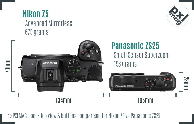 Nikon Z5 vs Panasonic ZS25 top view buttons comparison