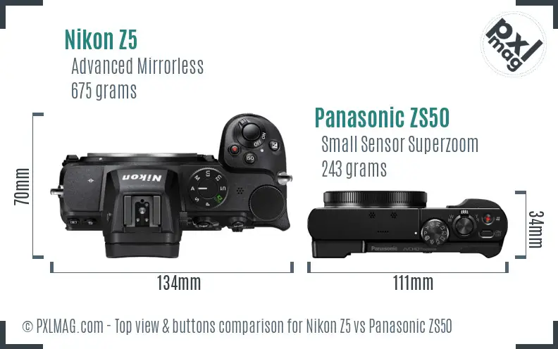 Nikon Z5 vs Panasonic ZS50 top view buttons comparison