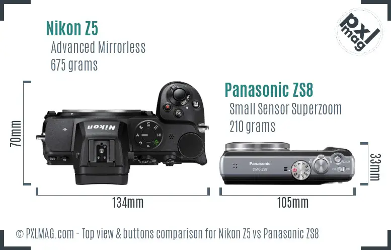 Nikon Z5 vs Panasonic ZS8 top view buttons comparison