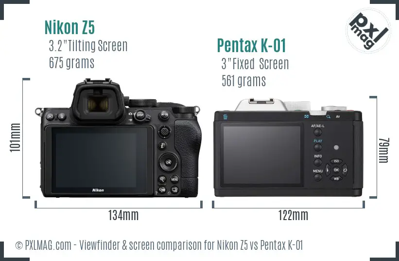 Nikon Z5 vs Pentax K-01 Screen and Viewfinder comparison