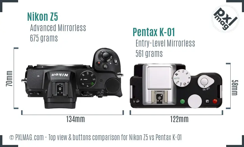 Nikon Z5 vs Pentax K-01 top view buttons comparison