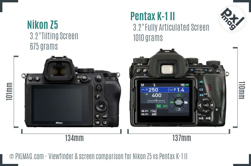 Nikon Z5 vs Pentax K-1 II Screen and Viewfinder comparison