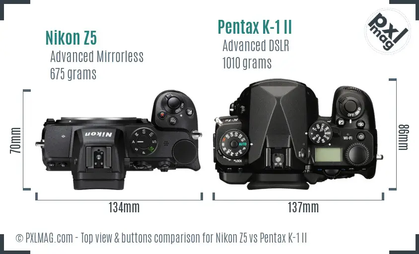 Nikon Z5 vs Pentax K-1 II top view buttons comparison