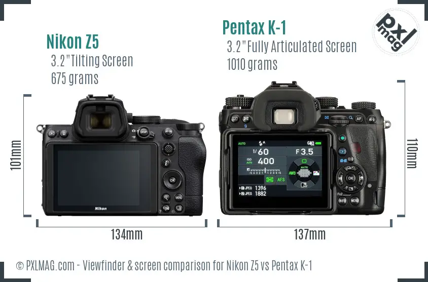 Nikon Z5 vs Pentax K-1 Screen and Viewfinder comparison