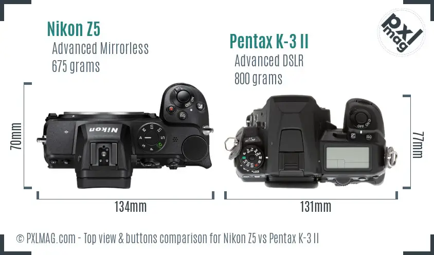 Nikon Z5 vs Pentax K-3 II top view buttons comparison