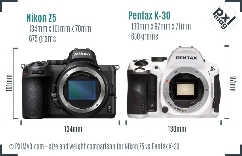 Nikon Z5 vs Pentax K-30 size comparison
