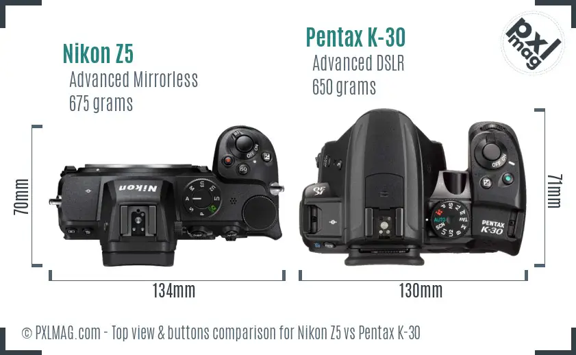 Nikon Z5 vs Pentax K-30 top view buttons comparison