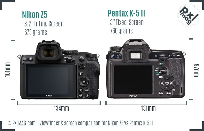Nikon Z5 vs Pentax K-5 II Screen and Viewfinder comparison