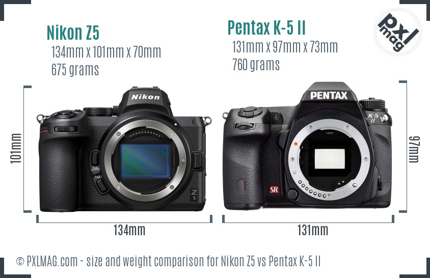 Nikon Z5 vs Pentax K-5 II size comparison