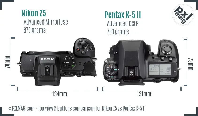 Nikon Z5 vs Pentax K-5 II top view buttons comparison
