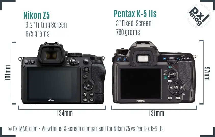 Nikon Z5 vs Pentax K-5 IIs Screen and Viewfinder comparison