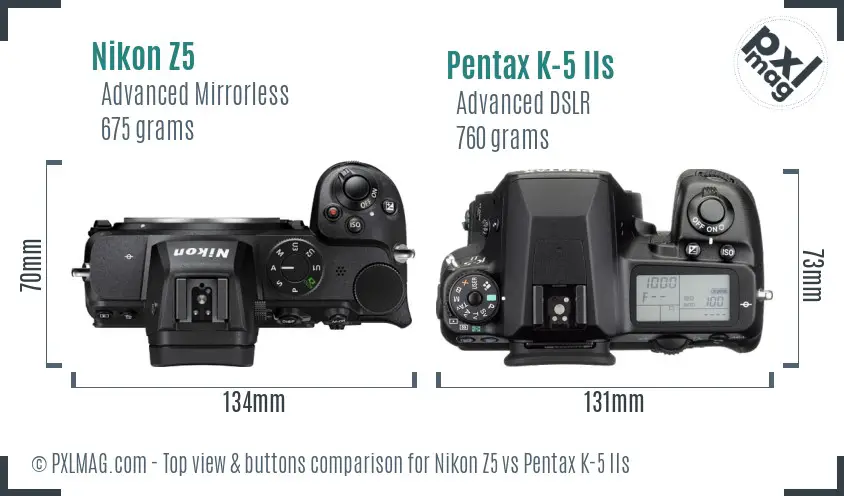 Nikon Z5 vs Pentax K-5 IIs top view buttons comparison