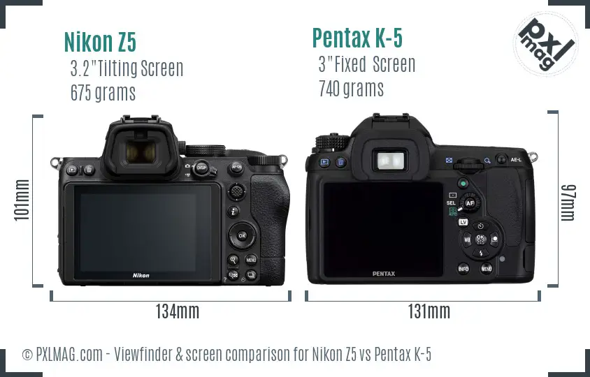 Nikon Z5 vs Pentax K-5 Screen and Viewfinder comparison