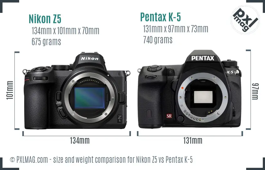 Nikon Z5 vs Pentax K-5 size comparison