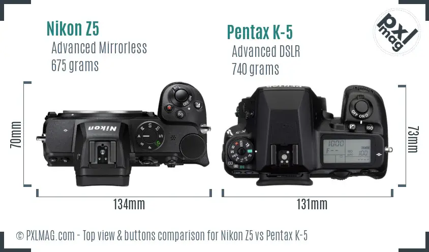 Nikon Z5 vs Pentax K-5 top view buttons comparison