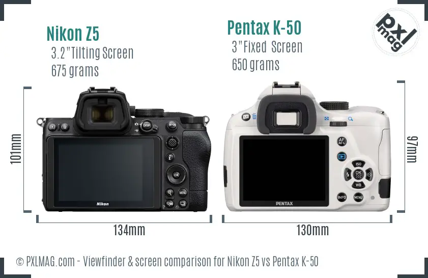 Nikon Z5 vs Pentax K-50 Screen and Viewfinder comparison