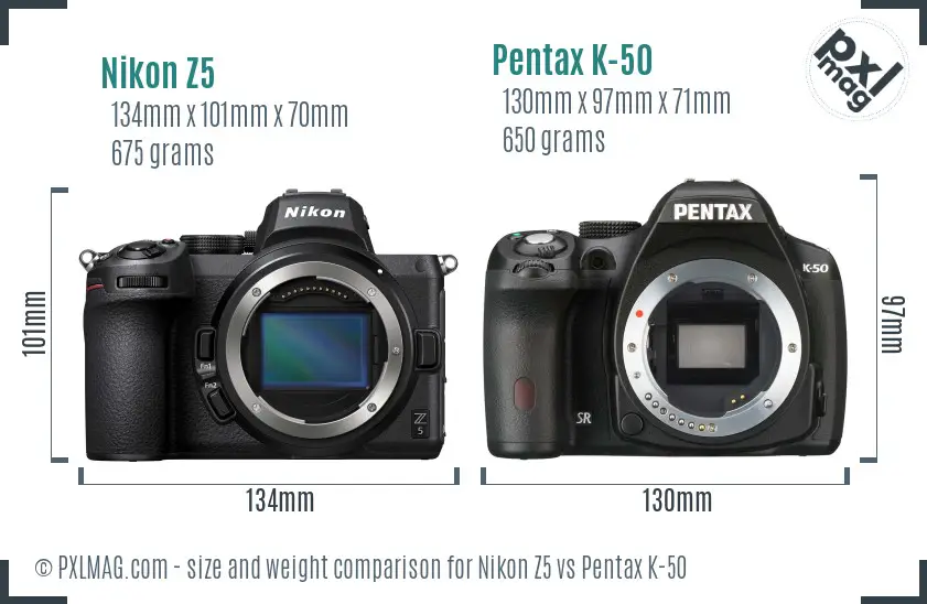 Nikon Z5 vs Pentax K-50 size comparison
