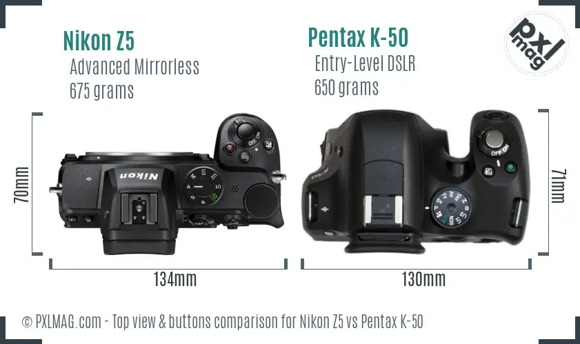 Nikon Z5 vs Pentax K-50 top view buttons comparison