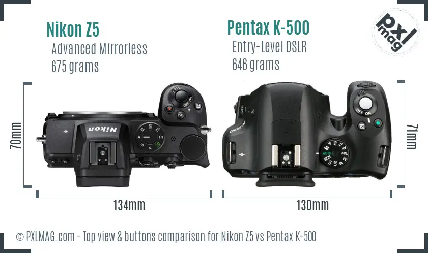 Nikon Z5 vs Pentax K-500 top view buttons comparison