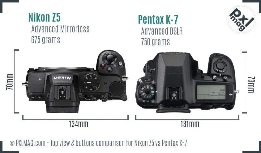 Nikon Z5 vs Pentax K-7 top view buttons comparison