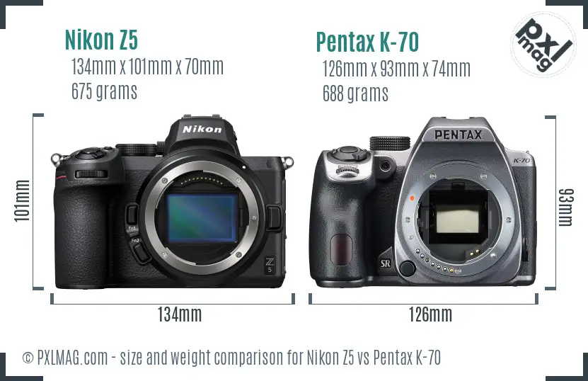 Nikon Z5 vs Pentax K-70 size comparison