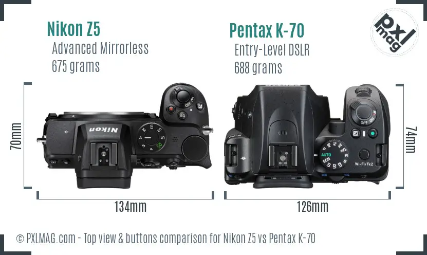 Nikon Z5 vs Pentax K-70 top view buttons comparison