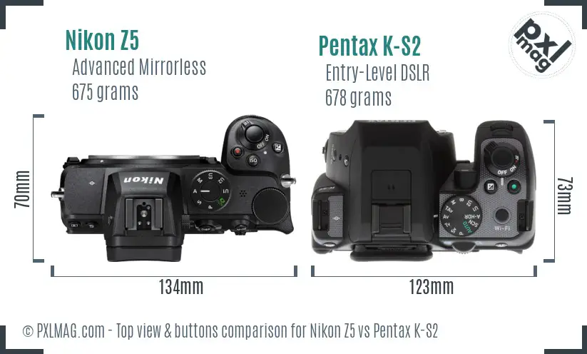 Nikon Z5 vs Pentax K-S2 top view buttons comparison