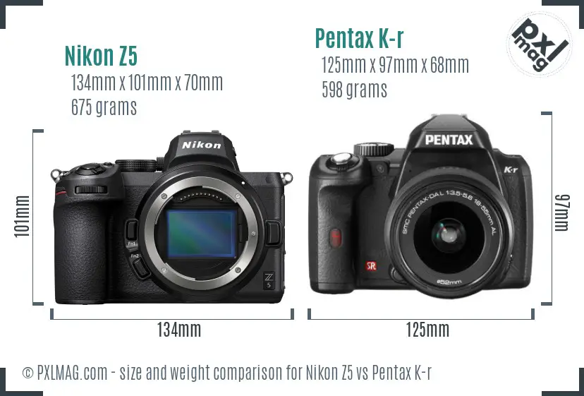 Nikon Z5 vs Pentax K-r size comparison