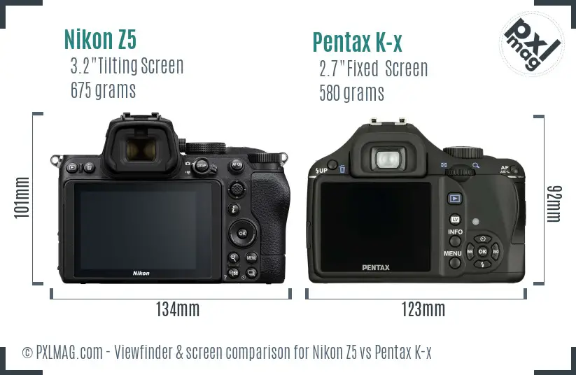 Nikon Z5 vs Pentax K-x Screen and Viewfinder comparison