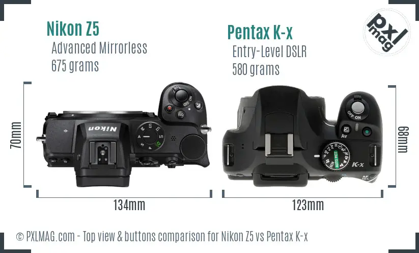 Nikon Z5 vs Pentax K-x top view buttons comparison