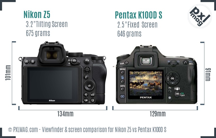 Nikon Z5 vs Pentax K100D S Screen and Viewfinder comparison