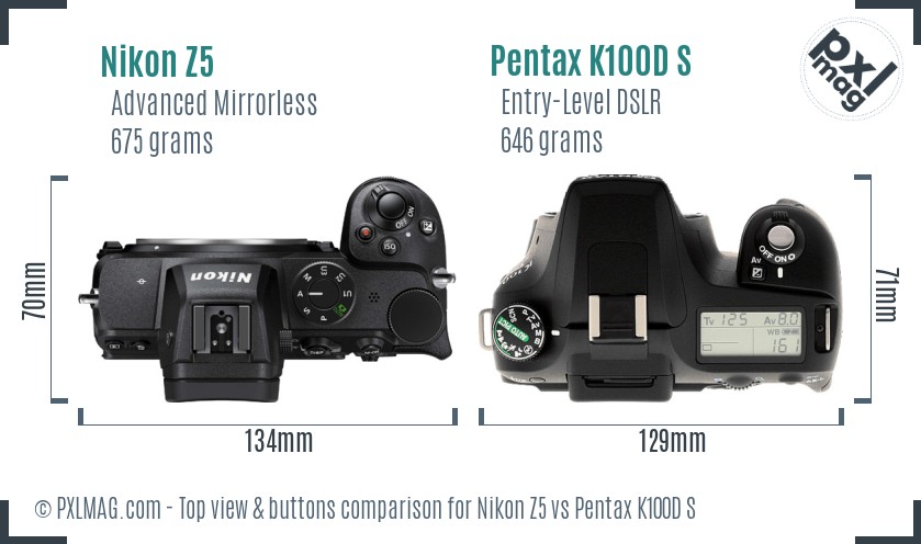 Nikon Z5 vs Pentax K100D S top view buttons comparison