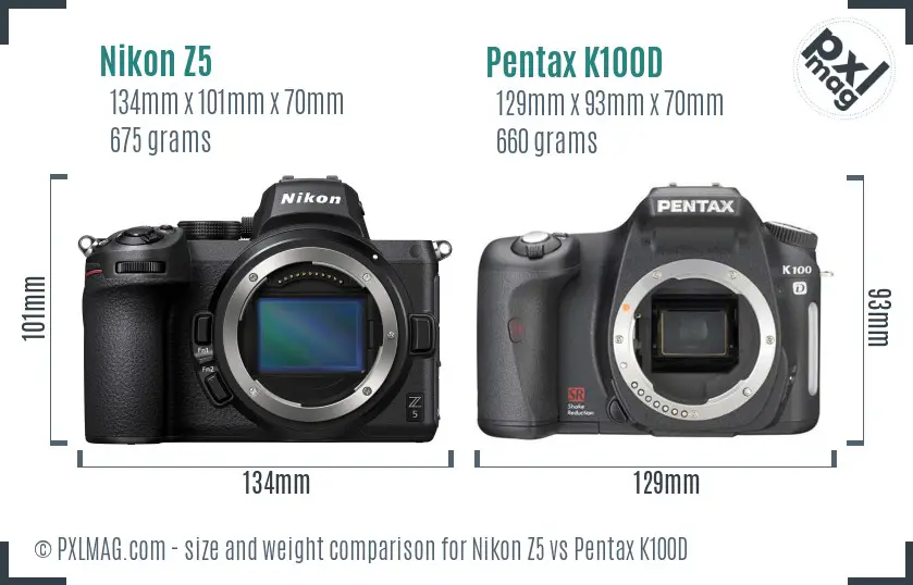 Nikon Z5 vs Pentax K100D size comparison
