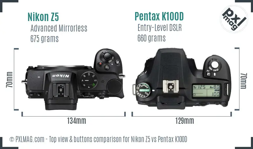 Nikon Z5 vs Pentax K100D top view buttons comparison