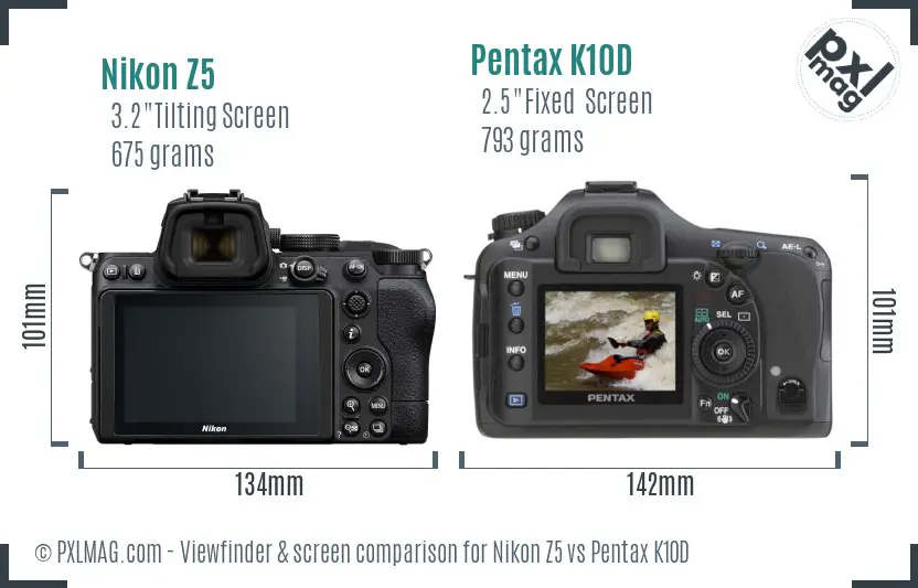 Nikon Z5 vs Pentax K10D Screen and Viewfinder comparison
