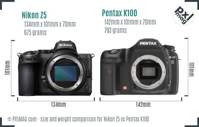 Nikon Z5 vs Pentax K10D size comparison
