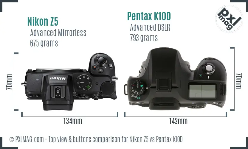 Nikon Z5 vs Pentax K10D top view buttons comparison