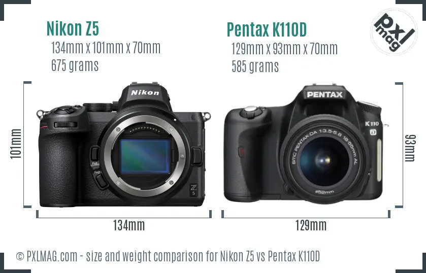 Nikon Z5 vs Pentax K110D size comparison