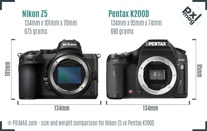 Nikon Z5 vs Pentax K200D size comparison