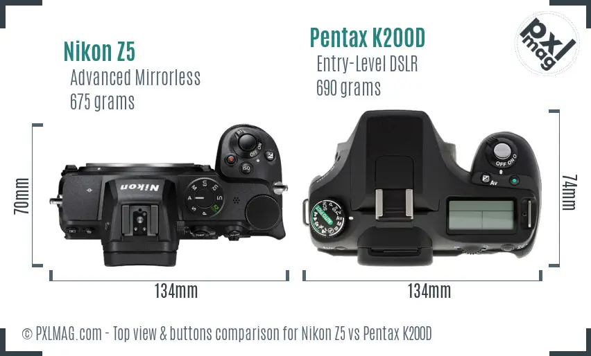 Nikon Z5 vs Pentax K200D top view buttons comparison