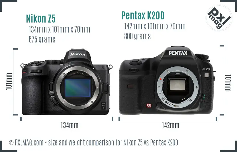 Nikon Z5 vs Pentax K20D size comparison