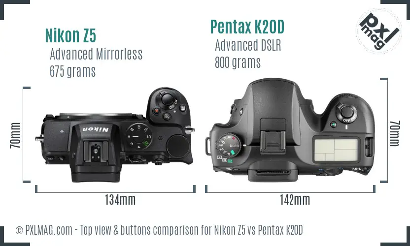Nikon Z5 vs Pentax K20D top view buttons comparison