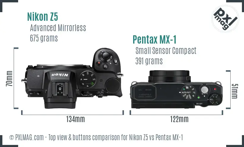 Nikon Z5 vs Pentax MX-1 top view buttons comparison