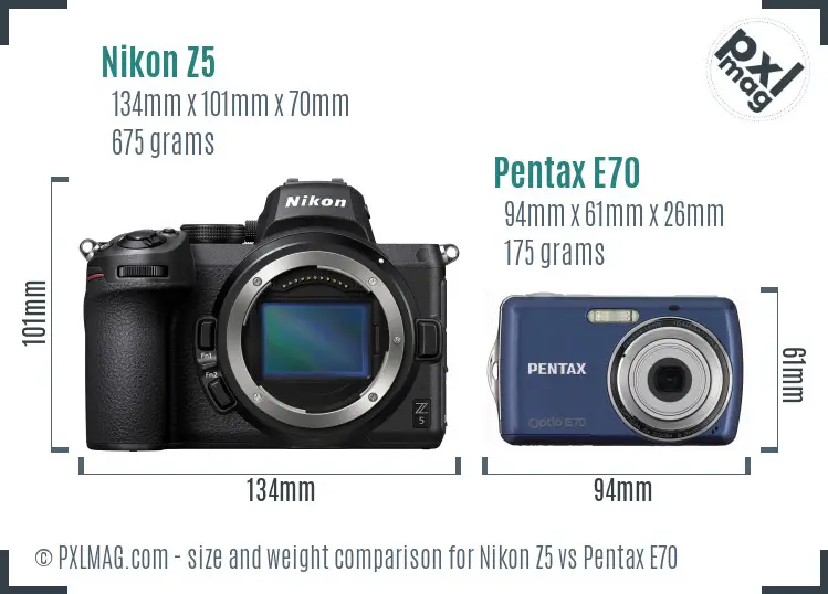 Nikon Z5 vs Pentax E70 size comparison