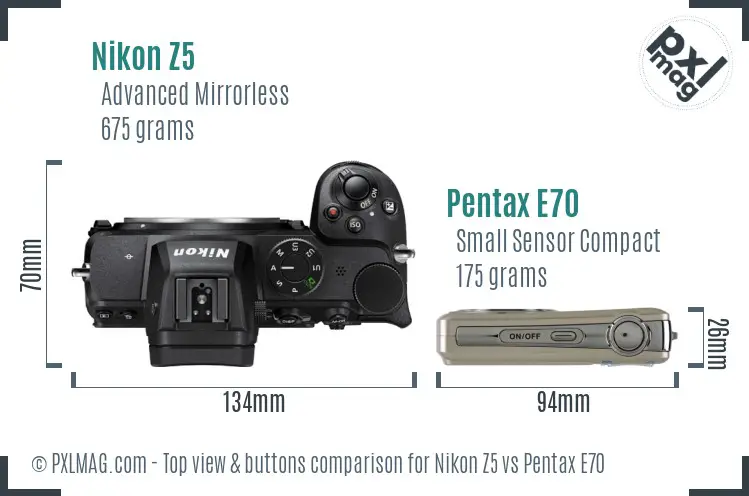 Nikon Z5 vs Pentax E70 top view buttons comparison