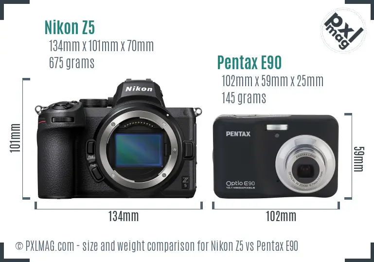 Nikon Z5 vs Pentax E90 size comparison
