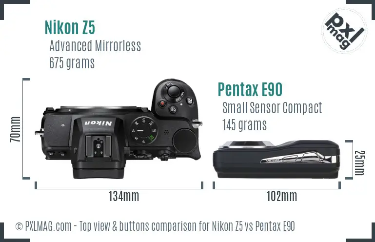 Nikon Z5 vs Pentax E90 top view buttons comparison