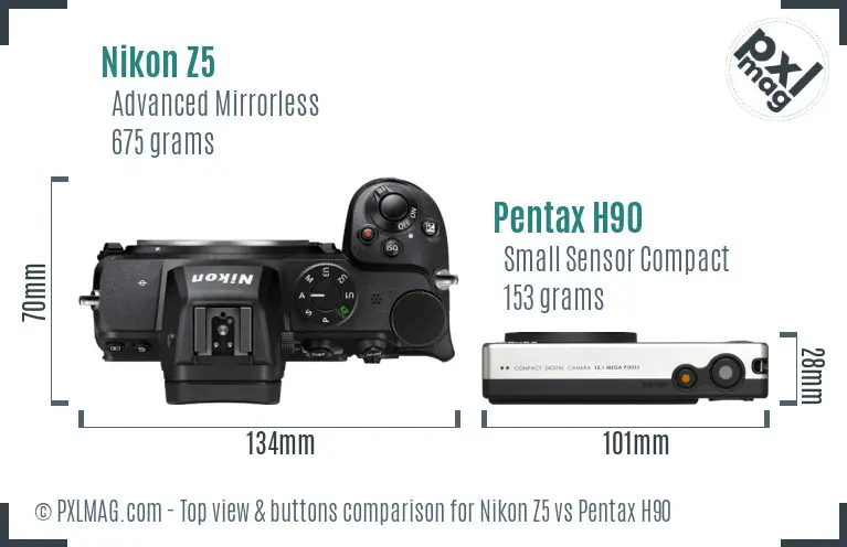 Nikon Z5 vs Pentax H90 top view buttons comparison