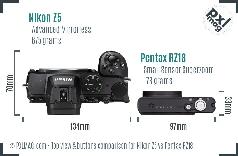Nikon Z5 vs Pentax RZ18 top view buttons comparison
