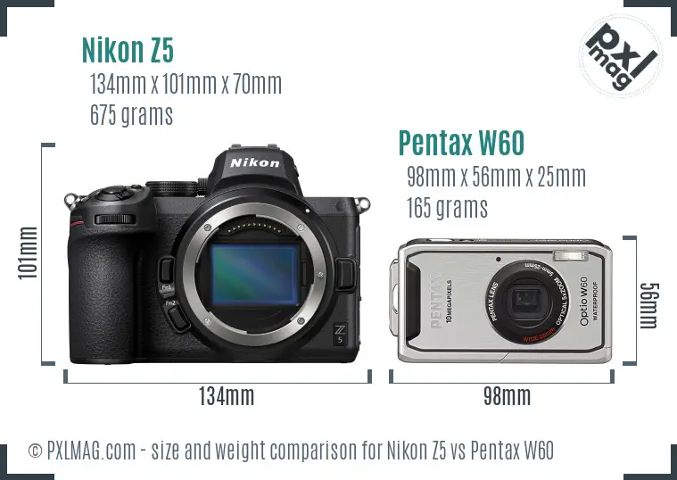 Nikon Z5 vs Pentax W60 size comparison